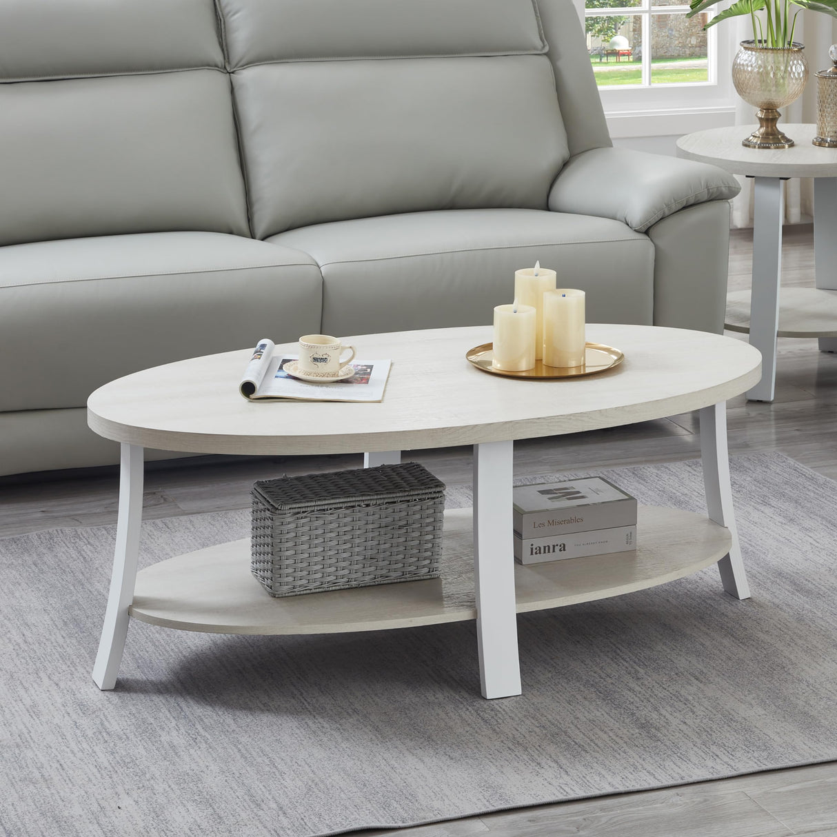 Roundhill Furniture Anze Contemporary Oval Wood Shelf Coffee Table in White Finish Roundhill Furniture