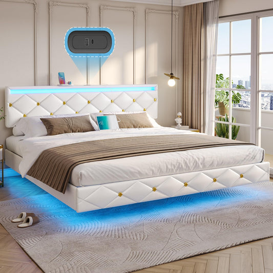 Hasuit King Size Floating Bed Frame with LED Lights, Vegan Leather Headboard & Built-in Charging Station - WoodArtSupply