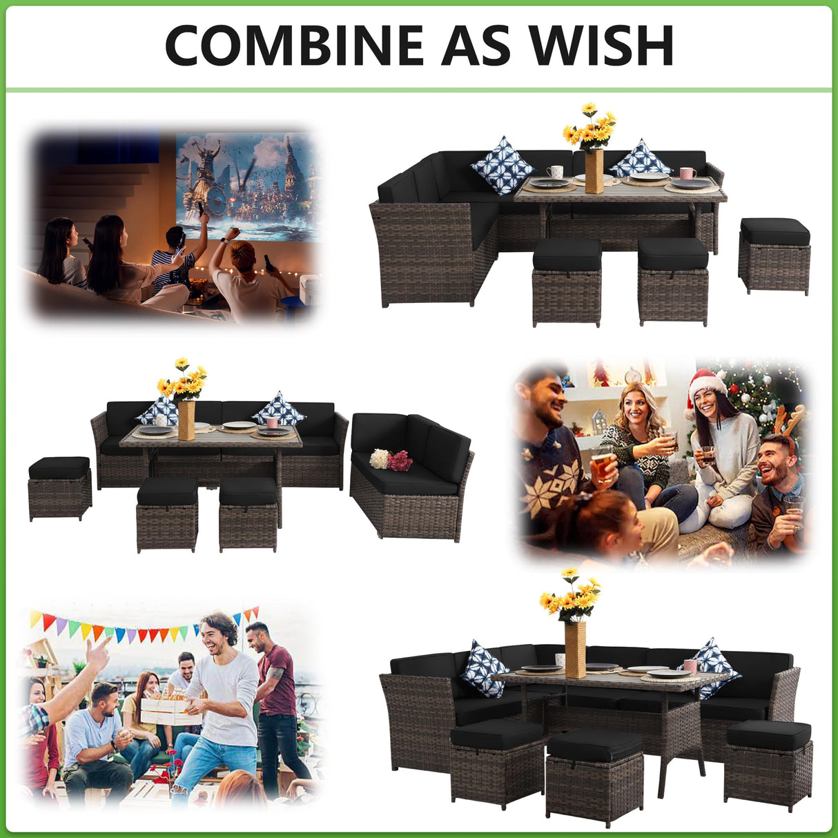 YOCONYO Patio Furniture Set, 7 Pieces Patio Dining Set, All Weather Outdoor Wicker Conversation Loveseat Set with Dining Table, Ottoman in Brown Rattan Black Cushions YOCONYO