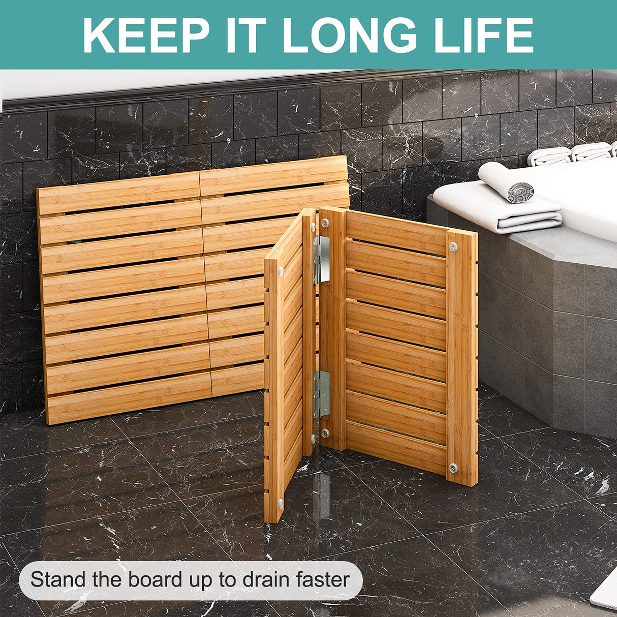 Waterproof Bamboo Bath Mat for Shower, Wooden Floor Mat for Bathroom, Foldable | Non-Slip | Heavy Duty, Shower Mat for Indoor Outdoor, 23.5in x 15.6in viewcare