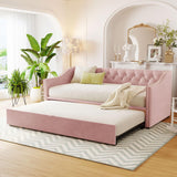 XD Designs Upholstered Daybed with Pop Up Trundle, Twin to King Size Velvet Upholstery Daybed Sofa Bed with Armrests for Bedroom Guest Room Living Room, Maximize Space (Pink-23) XD Designs