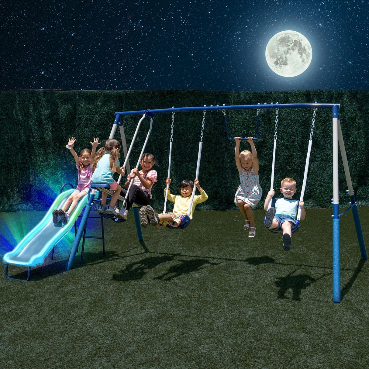 Sportspower Arcadia Star Burst Swing Set: Outdoor Heavy-Duty Metal Playset for Kids Aged 3-8 with LED Light Up Slide, Swings & Trapeze Sportspower