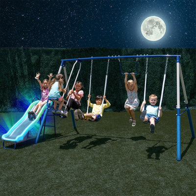 Sportspower Arcadia Star Burst Swing Set: Outdoor Heavy-Duty Metal Playset for Kids Aged 3-8 with LED Light Up Slide, Swings & Trapeze