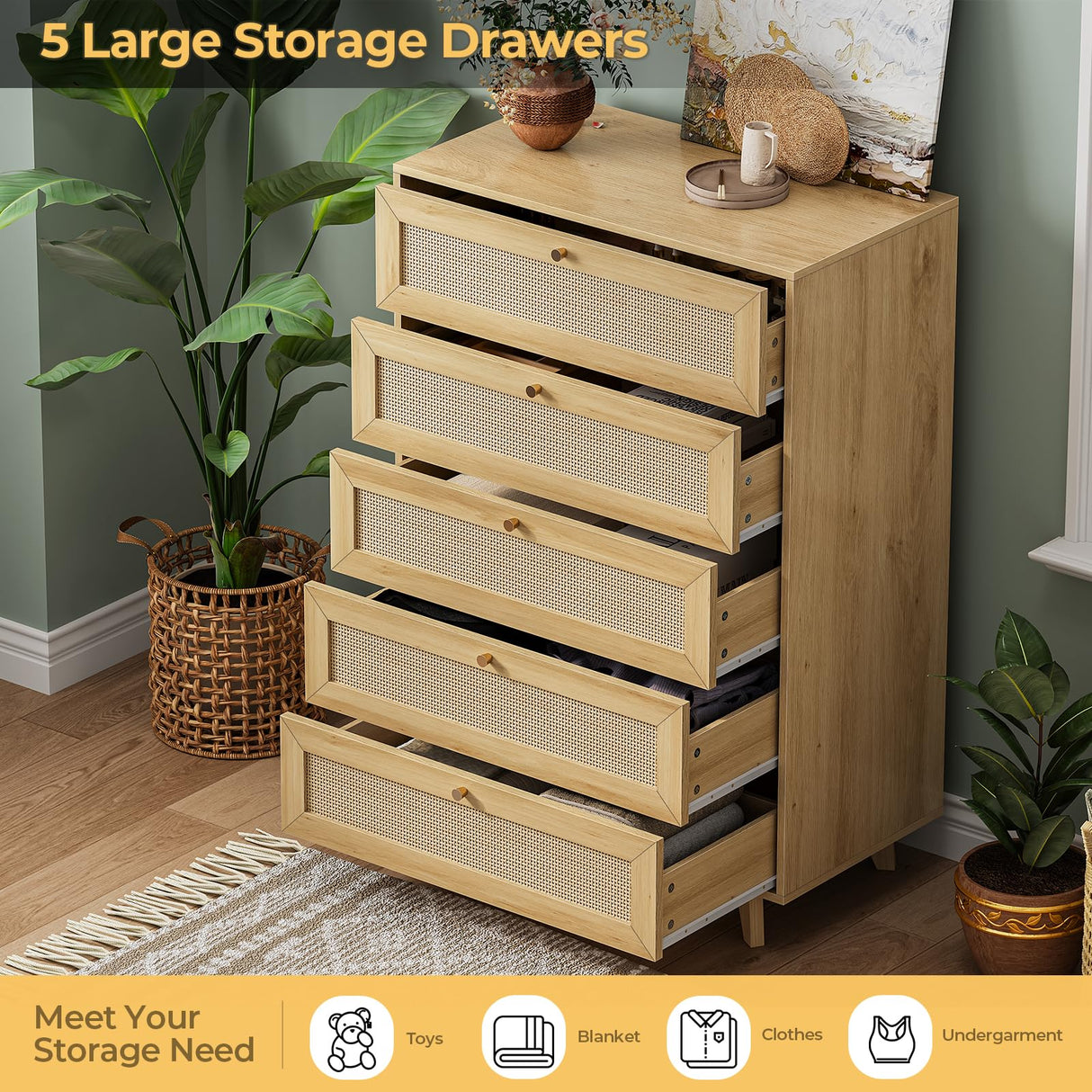 AOGLLATI Rattan Dresser for Bedroom with 5 Drawer, Modern Double Wooden Tall Bedroom Dresser, Chest of Drawers with Metal Handle & Solid Wood Legs for Bedroom/Living Room, AOGLLATI