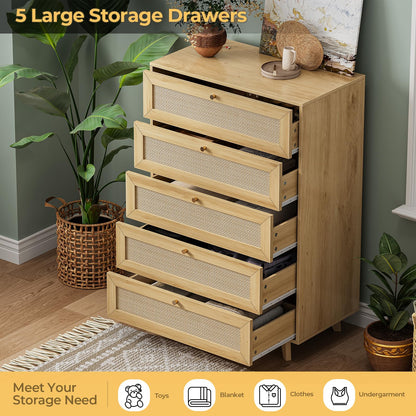 AOGLLATI Rattan Dresser for Bedroom with 5 Drawer, Modern Double Wooden Tall Bedroom Dresser, Chest of Drawers with Metal Handle & Solid Wood Legs for Bedroom/Living Room,