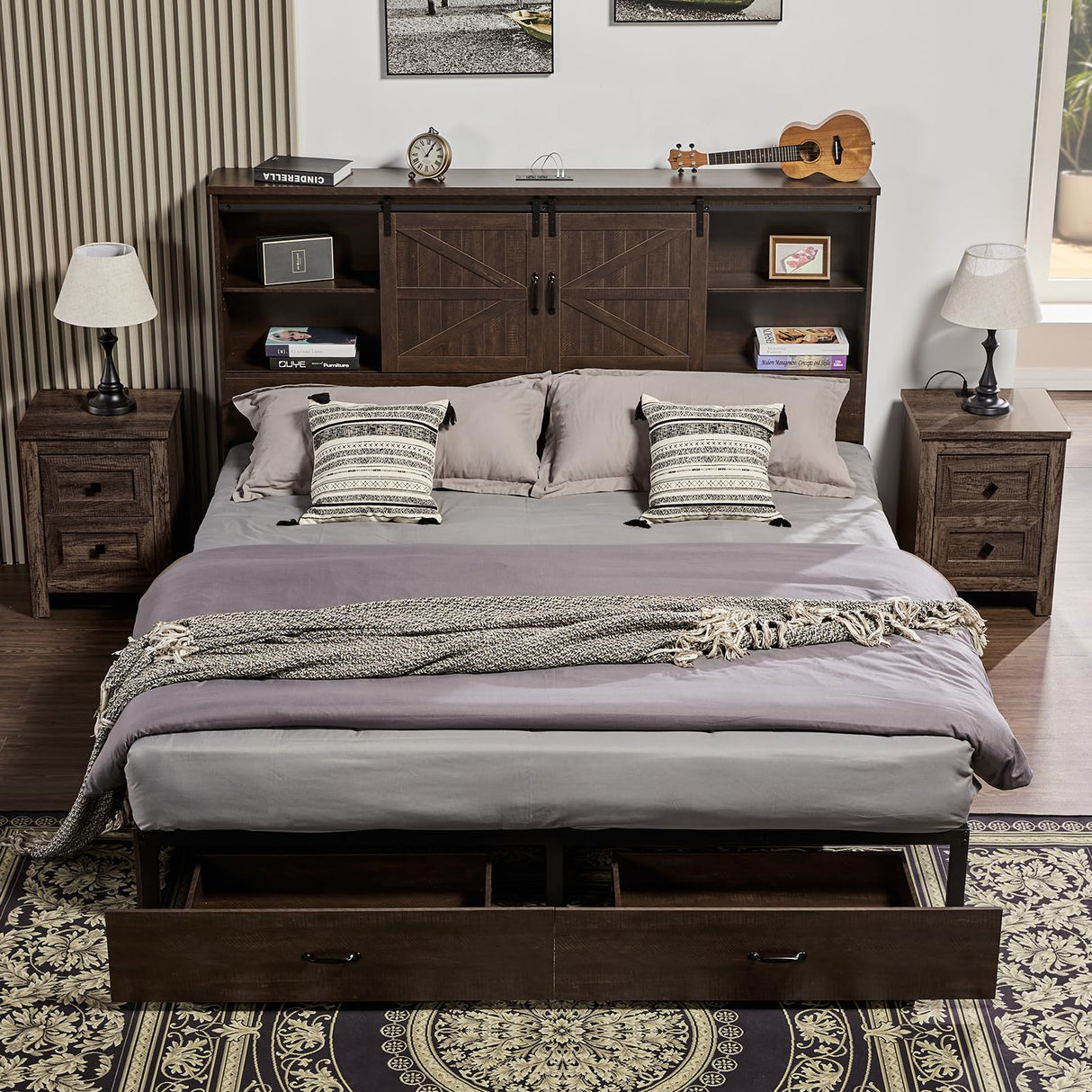 VanAcc Queen Size Wooden Platform Bed Frame with Bookcase Headboard, Storage Drawers, and Charging Station VanAcc