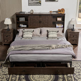VanAcc Queen Size Wooden Platform Bed Frame with Bookcase Headboard, Storage Drawers, and Charging Station VanAcc