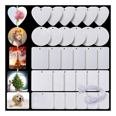 Twavang 30Pcs Sublimation Air Freshener Blanks 5 Styles Car Scented Hanging Sheets DIY Sublimation Air Freshener Set with 30Pcs Self Adhesive Bags and Elastic Rope for Home and Car Decoration Twavang