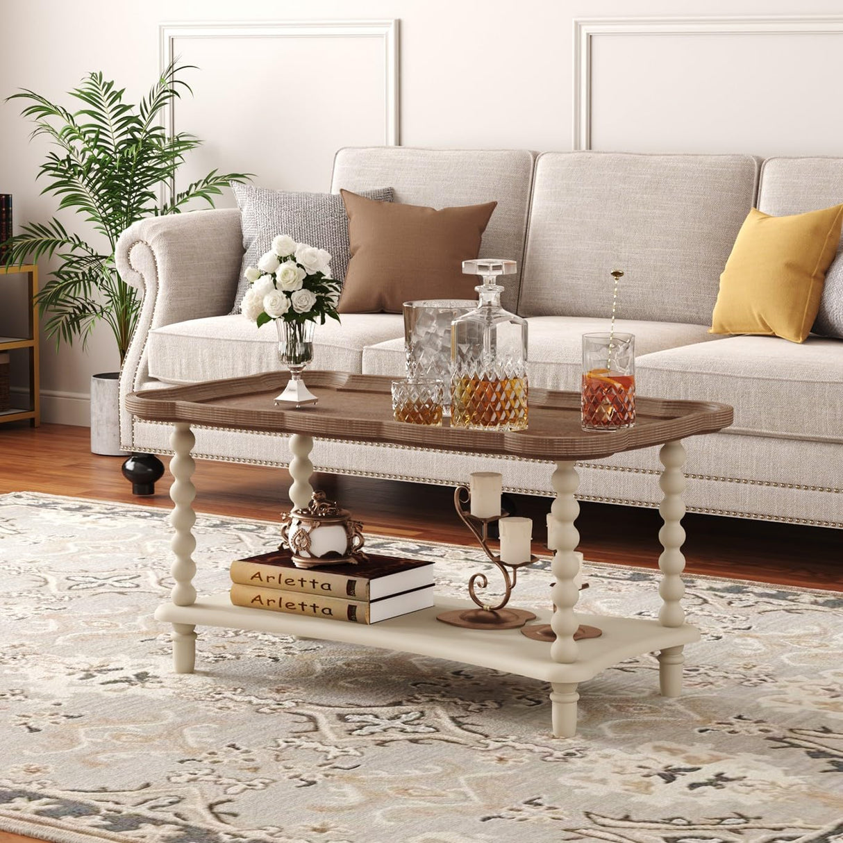 Function Home Farmhouse Coffee Table, Rustic White French Country Center Table with Storage Shelf, Wood Coffee Tables for Living Room Dining Room, Natural Tray Top and Vintage White Spindle Legs Function Home