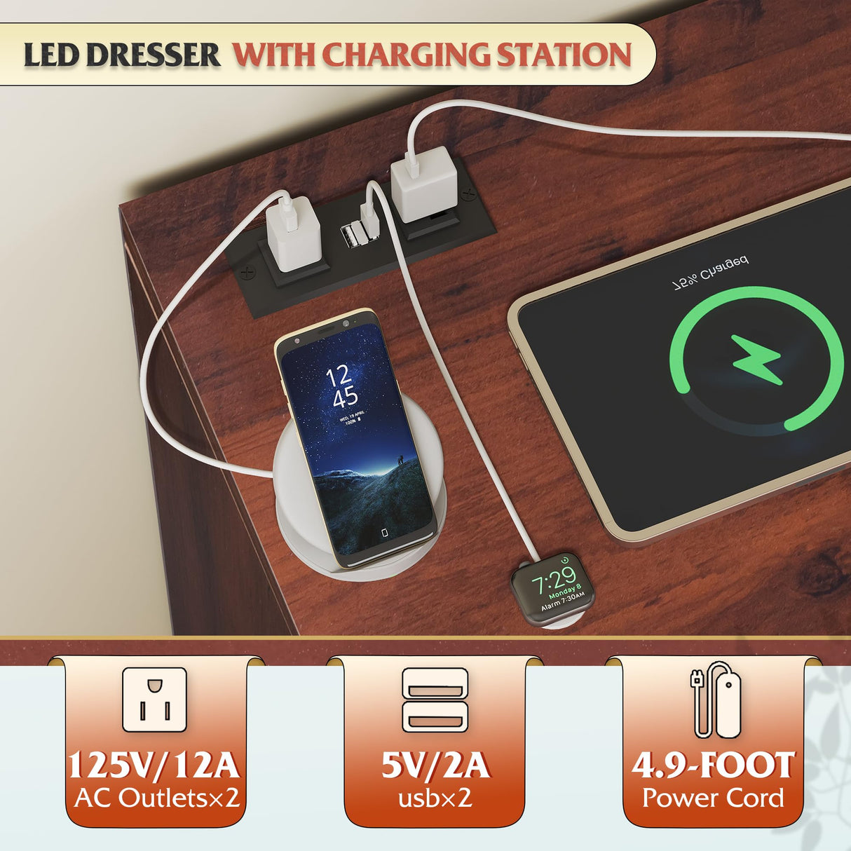 WLIVE LED Dresser for Bedroom, Tall Wood Dresser with 4 Drawers and Open Shelf, Chest of Drawers with Charging Station and LED Lights for Living Room, Hallway, Closet, Rustic Brown WLIVE