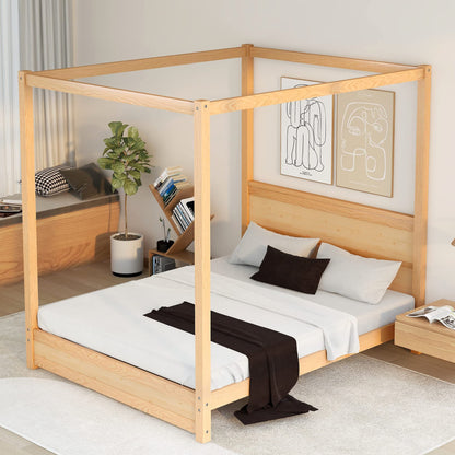 Bellemave Canopy Bed Frame Queen Wood 4-Poster Panel Beds Modern Size Platform with Headboard, No Box Spring Needed, Natural