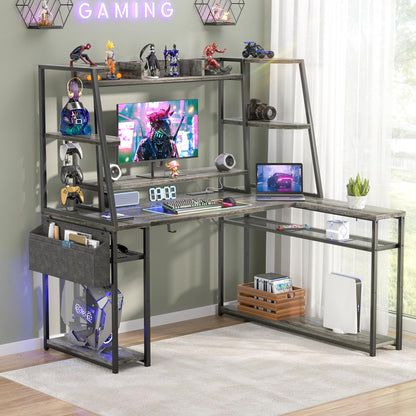 armocity L Shaped Gaming Desk with Hutch & Shelves, 47'' Gaming Computer Desk with LED Lights & Outlets, PC Gaming Desk with Storage & Monitor Stand, Grey Oak