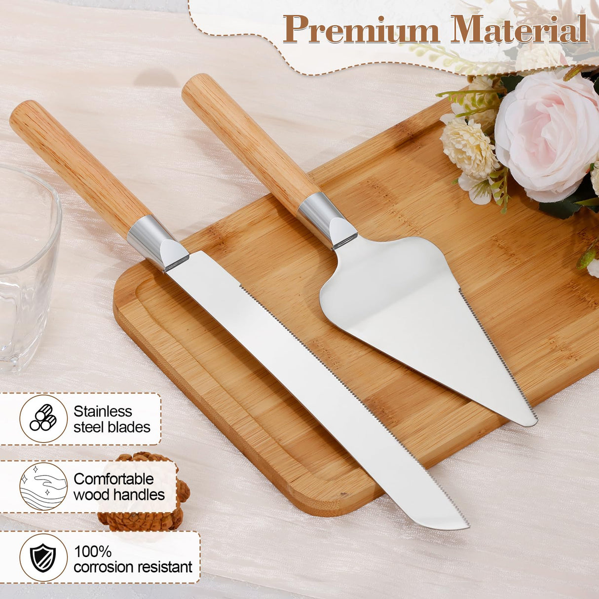 Cake Cutting Set for Wedding, Wood Cake Knife and Server Set, Vintage 2-Piece Pie Cutter Serving Set, Serrated Pizza Dessert Utensils, Bridal Anniversary Birthday Quinceañera Gift TUKDAK
