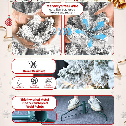 Maylaviu 8 ft Flocked Christmas Tree Prelit, Snow Frosted Artificial Christmas Tree with 700 UL Lights, Pine Cones & 1754 Tips, Auto Hinged Easy Setup Full Prelighted Large Christmas Tree