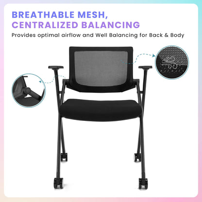 BROBRIYO 10 Pack Stackable Conference Room Chairs with Wheels and Paddle, Ergonomic Mesh Back and Arms for Meeting, Conference, Reception, Training Room & Home Office Desk Folding Chairs