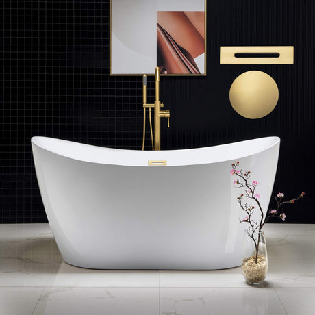 WOODBRIDGE 59" Acrylic Freestanding Bathtub Contemporary Soaking White Tub with Brushed Gold Overflow and Drain，BTA1516-BG-Drain-&O WOODBRIDGE