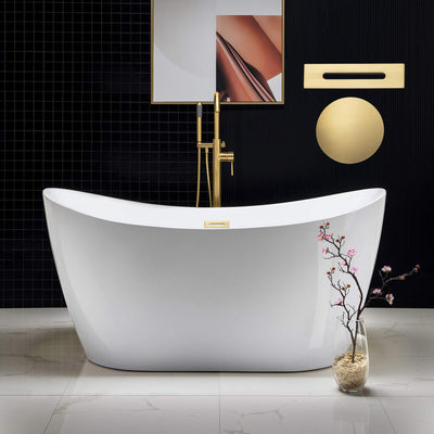 WOODBRIDGE 59" Acrylic Freestanding Bathtub Contemporary Soaking White Tub with Brushed Gold Overflow and Drain，BTA1516-BG-Drain-&O
