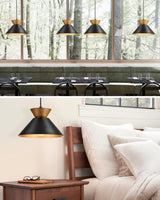 ELYONA Modern Pendant Light Kitchen Island, 10" Solid Wood Hanging Lamp with Matte Black Metal Shade & Gold Inner Finish, Farmhouse Pendant Light Fixtures for Dining Room Bedroom Living Room Hallway ELYONA