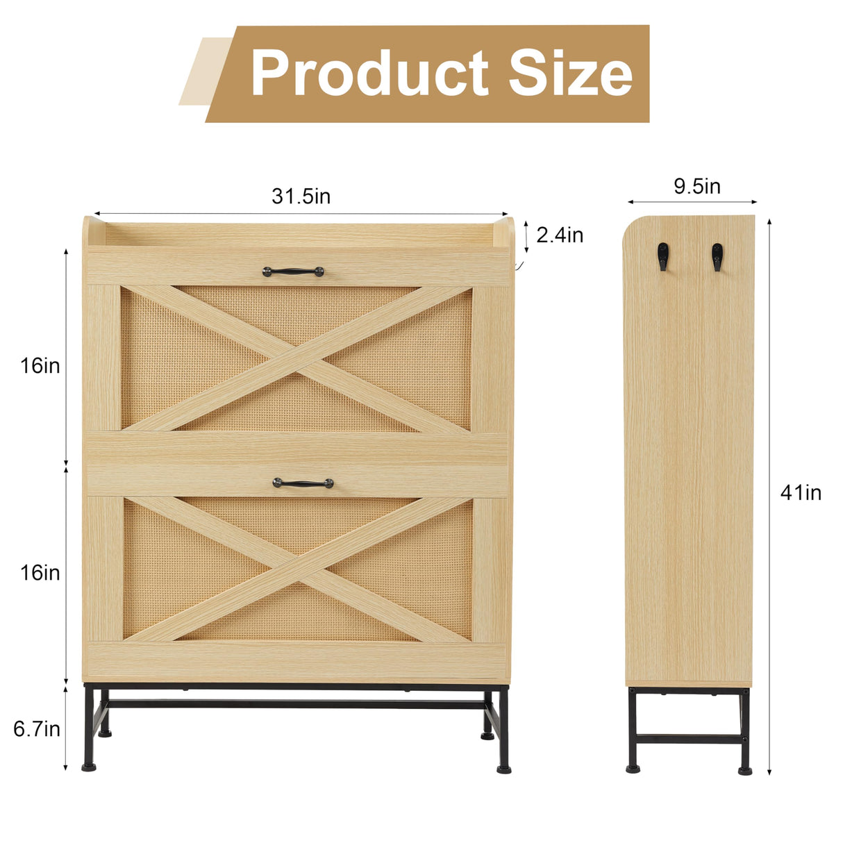 Chilihom Narrow Rattan Shoe Cabinet Storage for Entryway, Shoe Organizer with 2 Flip Drawers, Hidden Shoe Storage Slim Storage Cabinet Metal Legs, Farmhouse Free Standing Shoe Rack Cabinet, Natural Chilihom