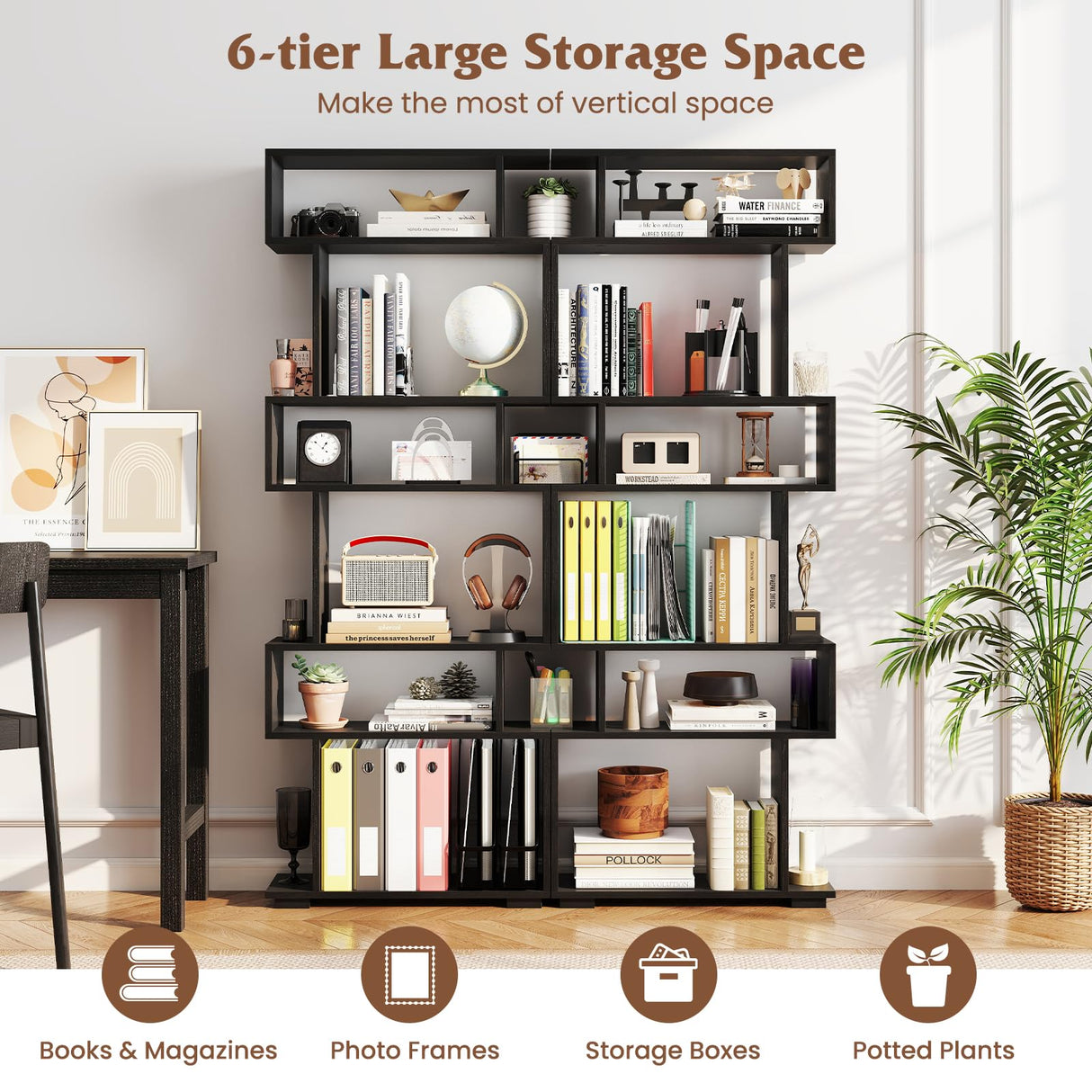 Tangkula 6-Tier S-Shaped Bookshelf, 64" Freestanding Geometric Bookcase, Home Office Wood Storage Shelf with Anti-Toppling Device, Room Divider Display Rack for Study, Living Room (1, Black) Tangkula
