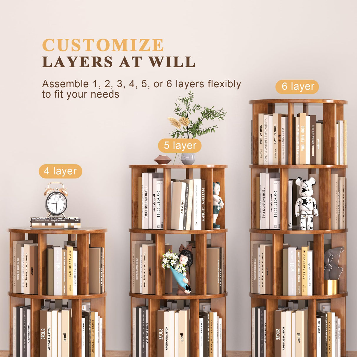 IUNVR 6 Tier Bookshelf Tower, 360° Solid Wood Spinning Bookcase with Swivel Wheels, Floor Standing Book Shelf for Small Space, Bookshelf for Home Office Study Room Bedroom Living Room IUNVR