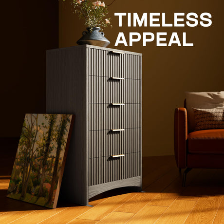 Marsail 5 Drawer Tall Wooden Dresser with Smooth-Glide Drawers, Modern Storage Solution for Bedrooms and Hallway, Featuring Large Capacity and an Elegant Natural Wood Finish, Light Grey Marsail