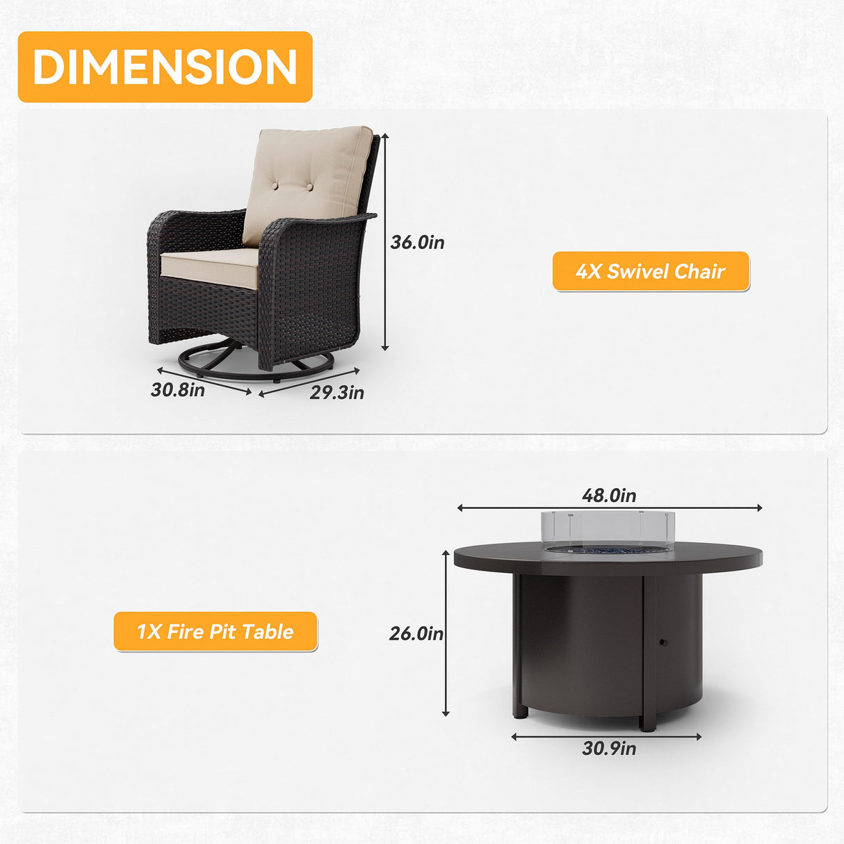 Kurapika 5 Pieces Patio Furniture Set, Rattan Wicker Outdoor Conversation Sets, 4 Woven Rattan Swivel Chairs w/48in Propane Fire Pit Table and Thickened Cushions, Sand Kurapika