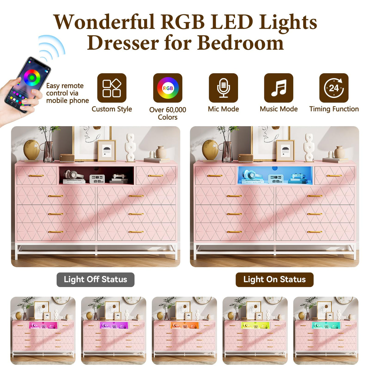 GAOMON Bedroom Dresser with 8 Large Storage Drawers, Wood Pink Dresser with LED Lights & Charging Station, TV Stand Dresser & Chests of Drawers for Closet, Hallway, Entryway GAOMON