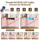 GAOMON Bedroom Dresser with 8 Large Storage Drawers, Wood Pink Dresser with LED Lights & Charging Station, TV Stand Dresser & Chests of Drawers for Closet, Hallway, Entryway GAOMON
