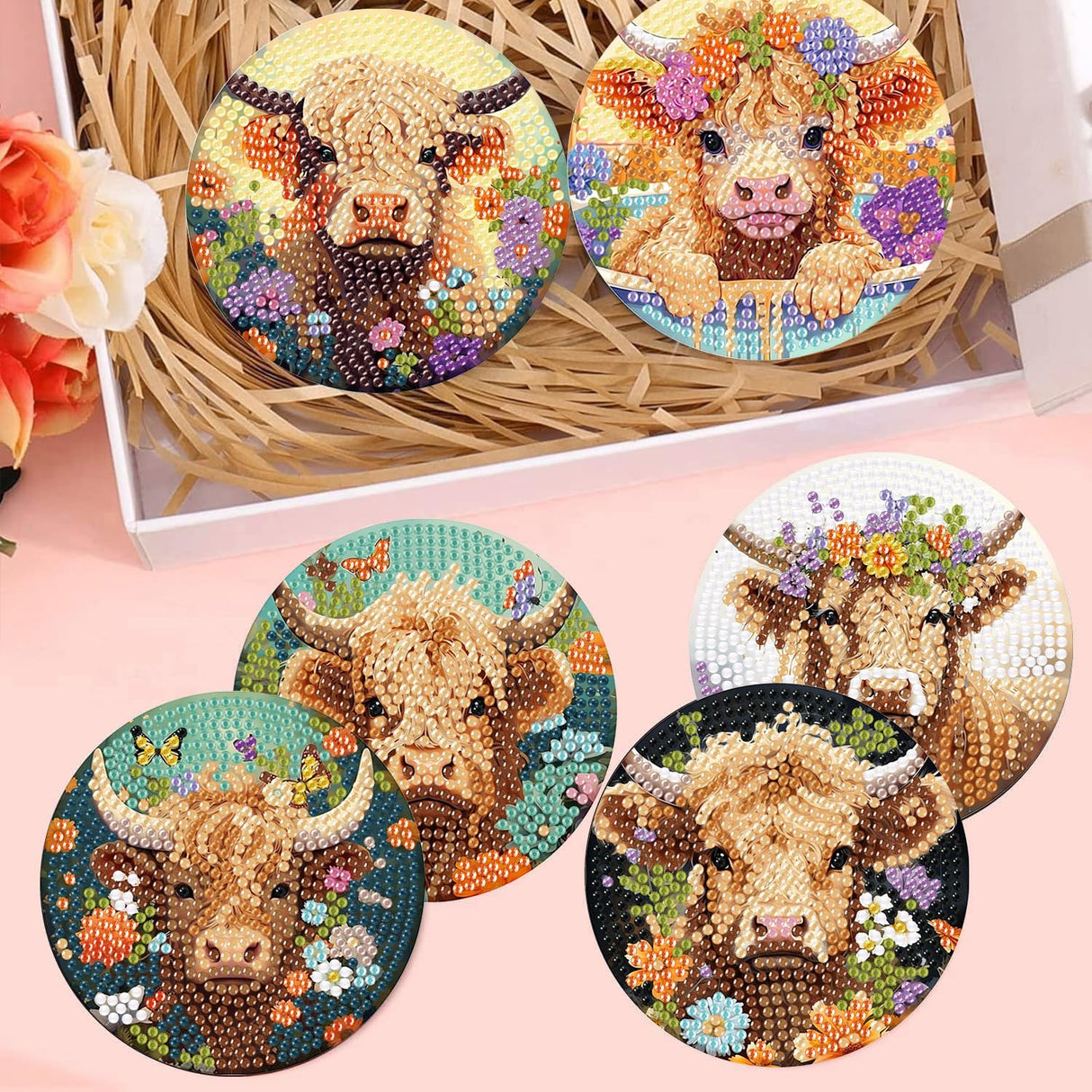 8 Pack Diamond Art Coasters Kits - Highland Cow Diamond Painting Coasters Kit Set with Holder Cork Pads, DIY Cow Diamonds Art Non Slip Coaster Crafts Kits for Adults Beginners Gifts mrpwnle