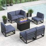 LayinSun Large Aluminum Patio Furniture Set with Fire Pit Table, 7 Pieces Modern Outdoor Conversation Set Sectional Metal Sofa Set with Olefin Cushion LayinSun