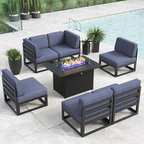 LayinSun Large Aluminum Patio Furniture Set with Fire Pit Table, 7 Pieces Modern Outdoor Conversation Set Sectional Metal Sofa Set with Olefin Cushion LayinSun