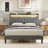 Modern Upholstered FYRENA Queen Bed Frame with Storage Headboard, LED Lights, USB Ports & Strong Wood Slats Support FYRENA