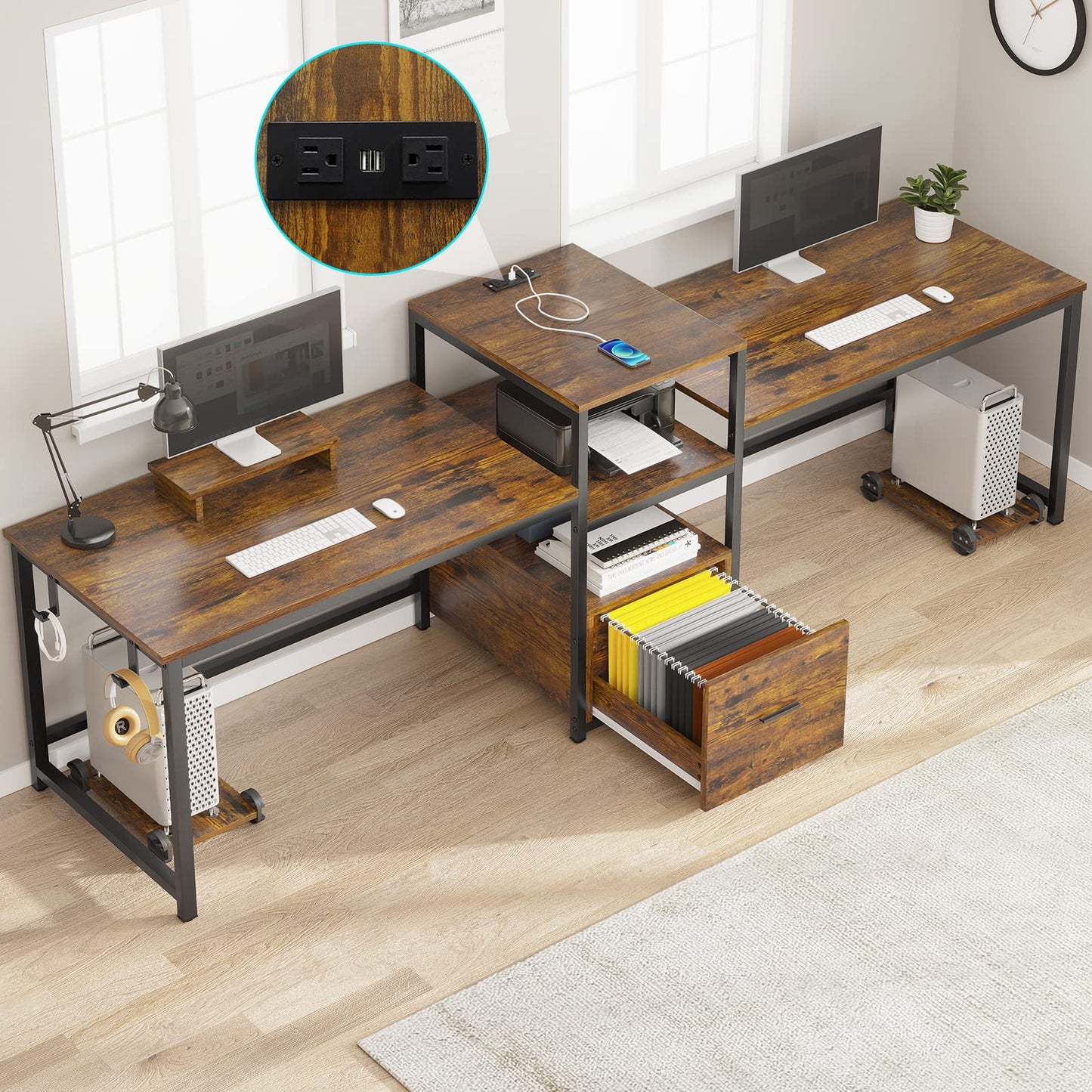 SEDETA 98" Rustic Brown Double Workstation Desk with File Drawer, USB Ports & Printer Shelf - WoodArtSupply