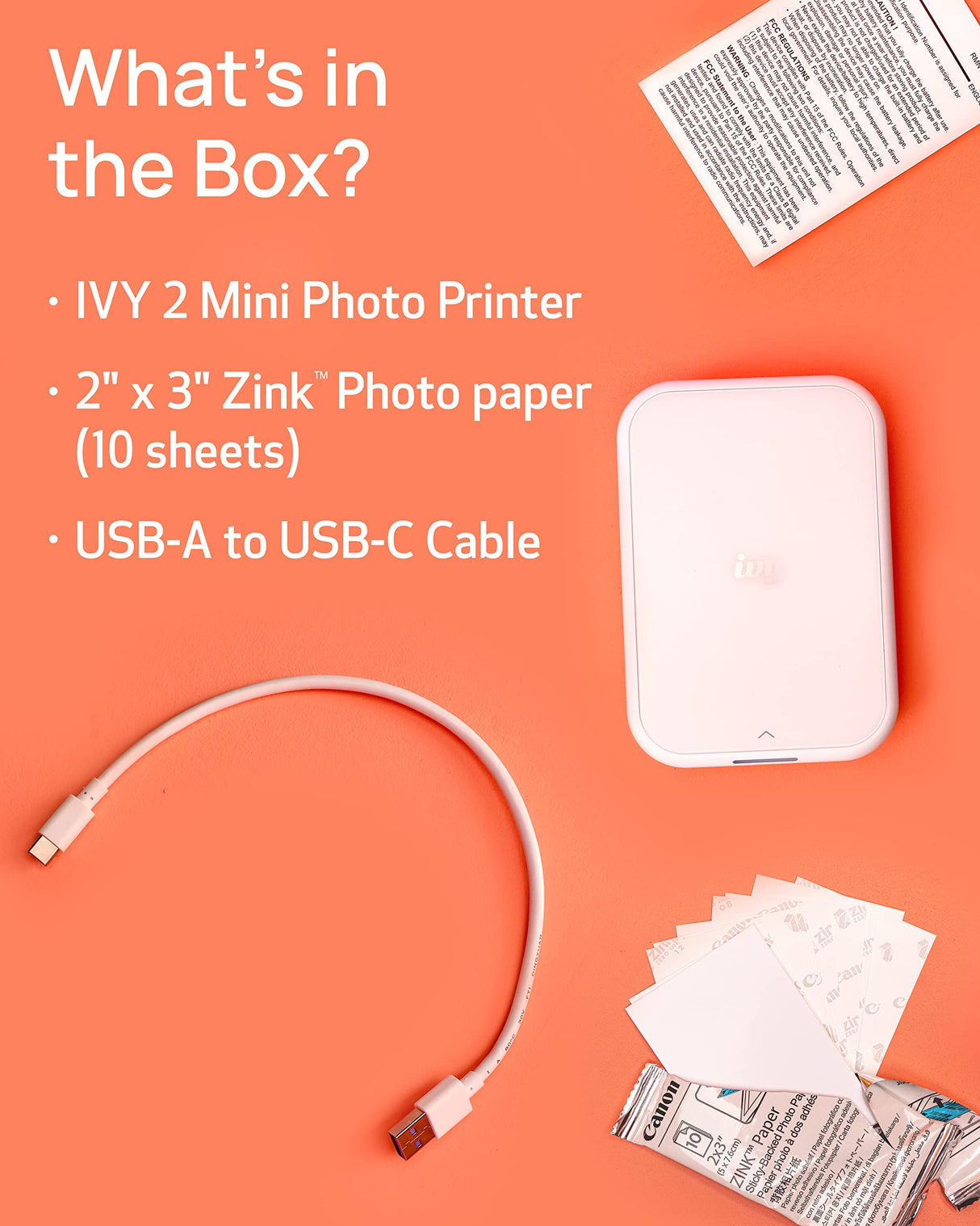Canon Ivy 2 Mini Photo Printer, Print from Compatible iOS & Android Devices, Sticky-Back Prints, Pure White Canon