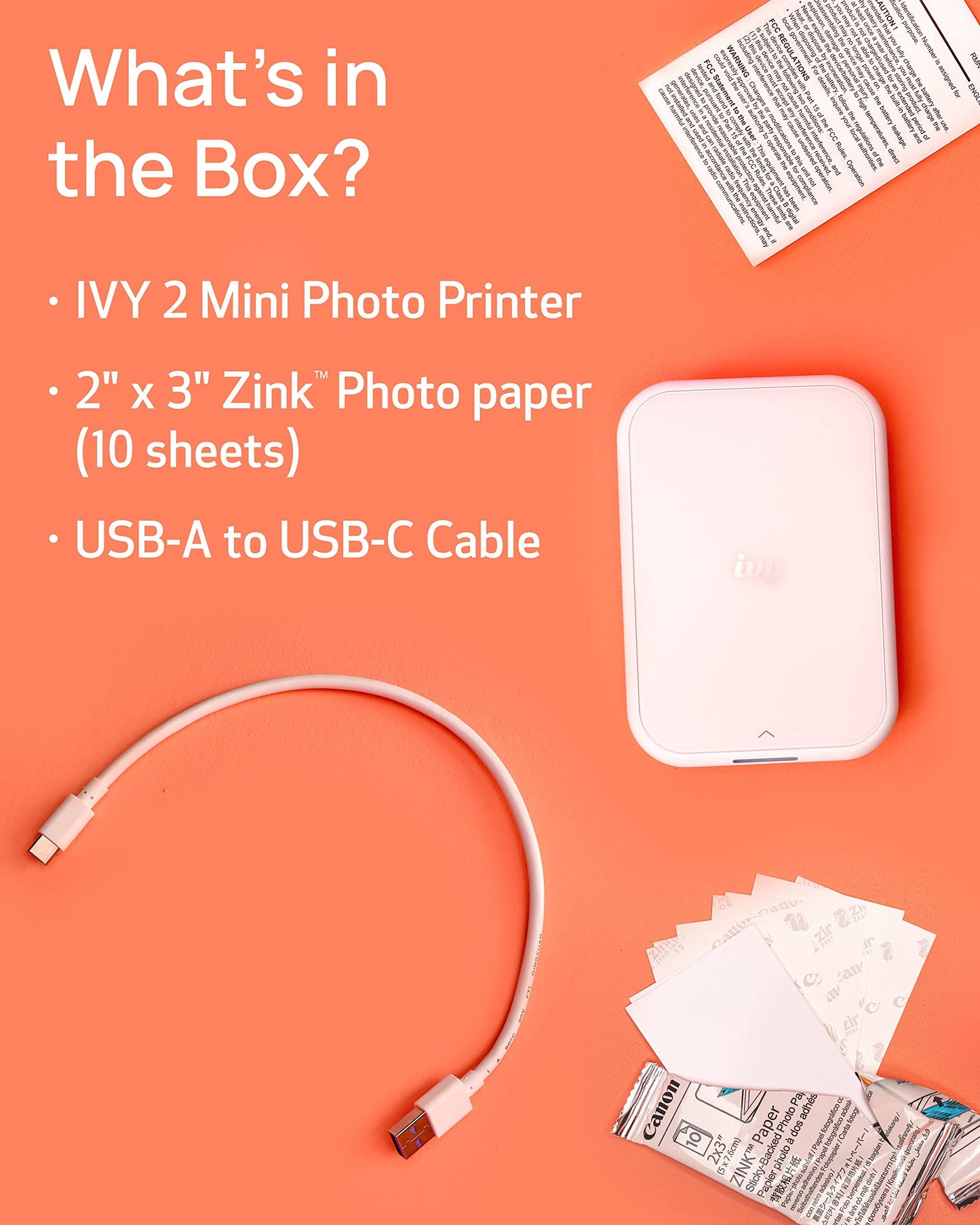 Canon Ivy 2 Mini Photo Printer, Print from Compatible iOS & Android Devices, Sticky-Back Prints, Pure White