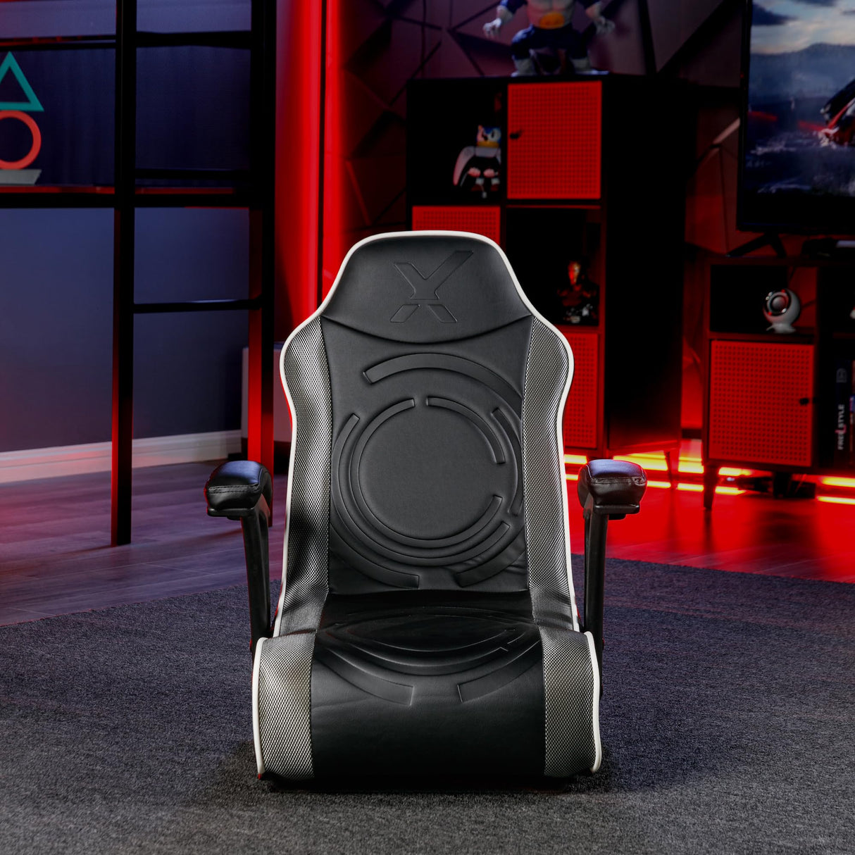 X Rocker Emerald RGB LED Youth Floor Rocking Video Gaming Chair with Headrest Speakers, Armrests, Foldable, Vegan Leather, 200 lbs Max, Amazon Exclusive, Black X Rocker