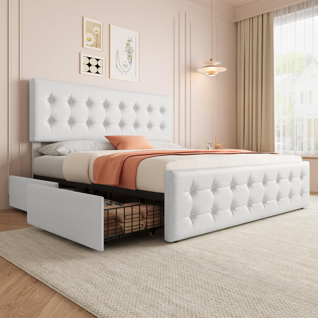 IDEALHOUSE King Size Bed Frame with 4 Storage Drawers and Headboard, Faux Leather Upholstered Platform Bed Frame with Wooden Slats Support, Button Tufted Design, No Box Spring Needed, White IDEALHOUSE