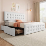 IDEALHOUSE King Size Bed Frame with 4 Storage Drawers and Headboard, Faux Leather Upholstered Platform Bed Frame with Wooden Slats Support, Button Tufted Design, No Box Spring Needed, White IDEALHOUSE