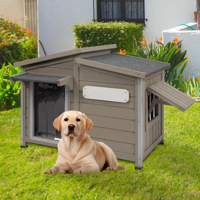 Gowoodhut Dog House Outdoor Weatherproof Large Wooden Dog Kennel Indoor with Chew-Proof Iron Frame, Removable Floor, and Adjustable Window for Large and Medium Dogs (Grey, 34" D x 22" W x 26.5" H)