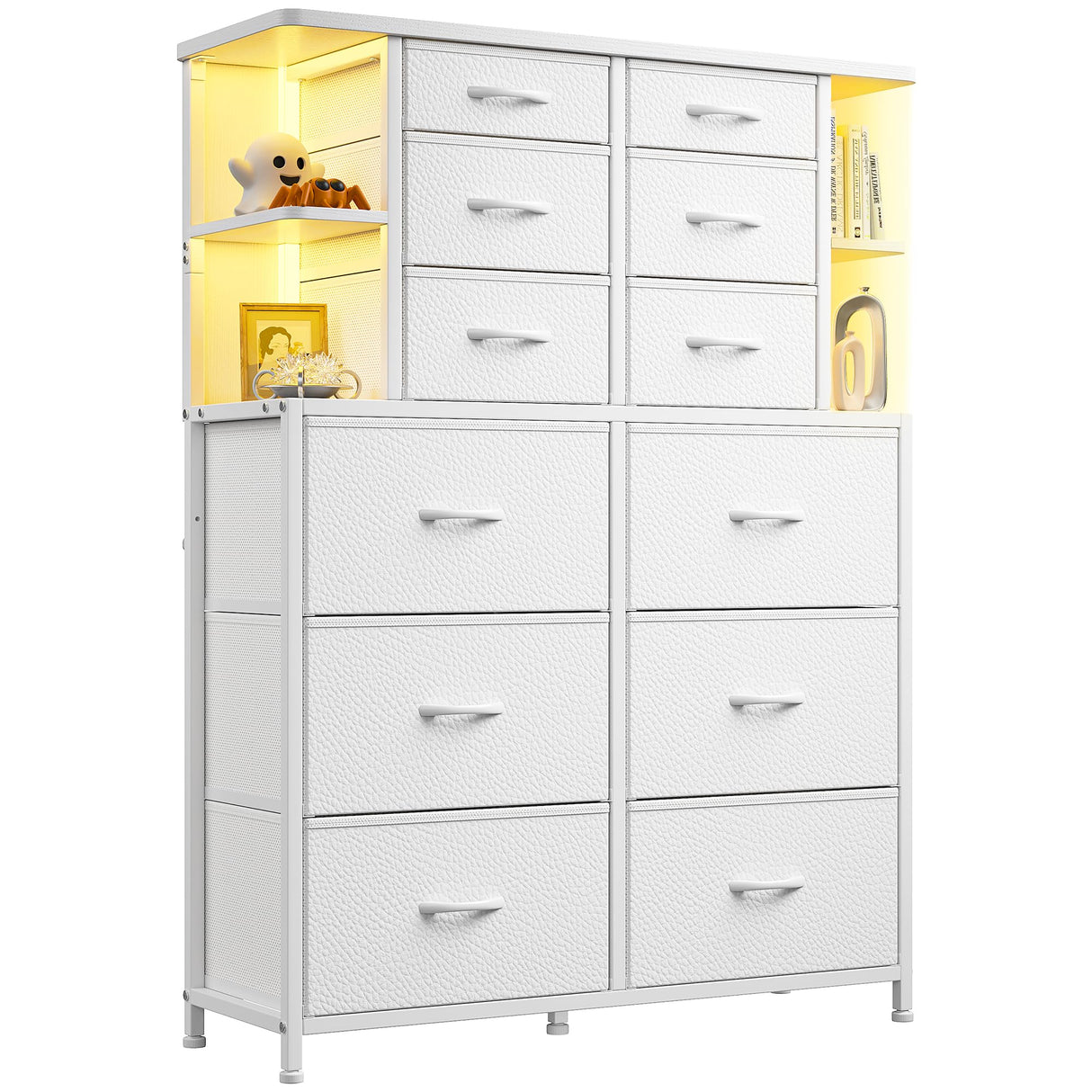 EnHomee Dresser for Bedroom with LED Lights, 12 Drawers Bedroom Dresser, Black Dresser and Tall Dresser with Open Shelves, Fabric Dressers & Chests of Drawers with Sturdy Metal Frame, White EnHomee