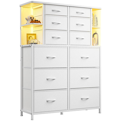 EnHomee Dresser for Bedroom with LED Lights, 12 Drawers Bedroom Dresser, Black Dresser and Tall Dresser with Open Shelves, Fabric Dressers & Chests of Drawers with Sturdy Metal Frame, White