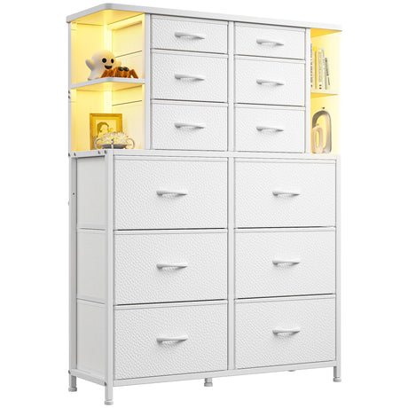 EnHomee Dresser for Bedroom with LED Lights, 12 Drawers Bedroom Dresser, Black Dresser and Tall Dresser with Open Shelves, Fabric Dressers & Chests of Drawers with Sturdy Metal Frame, White EnHomee