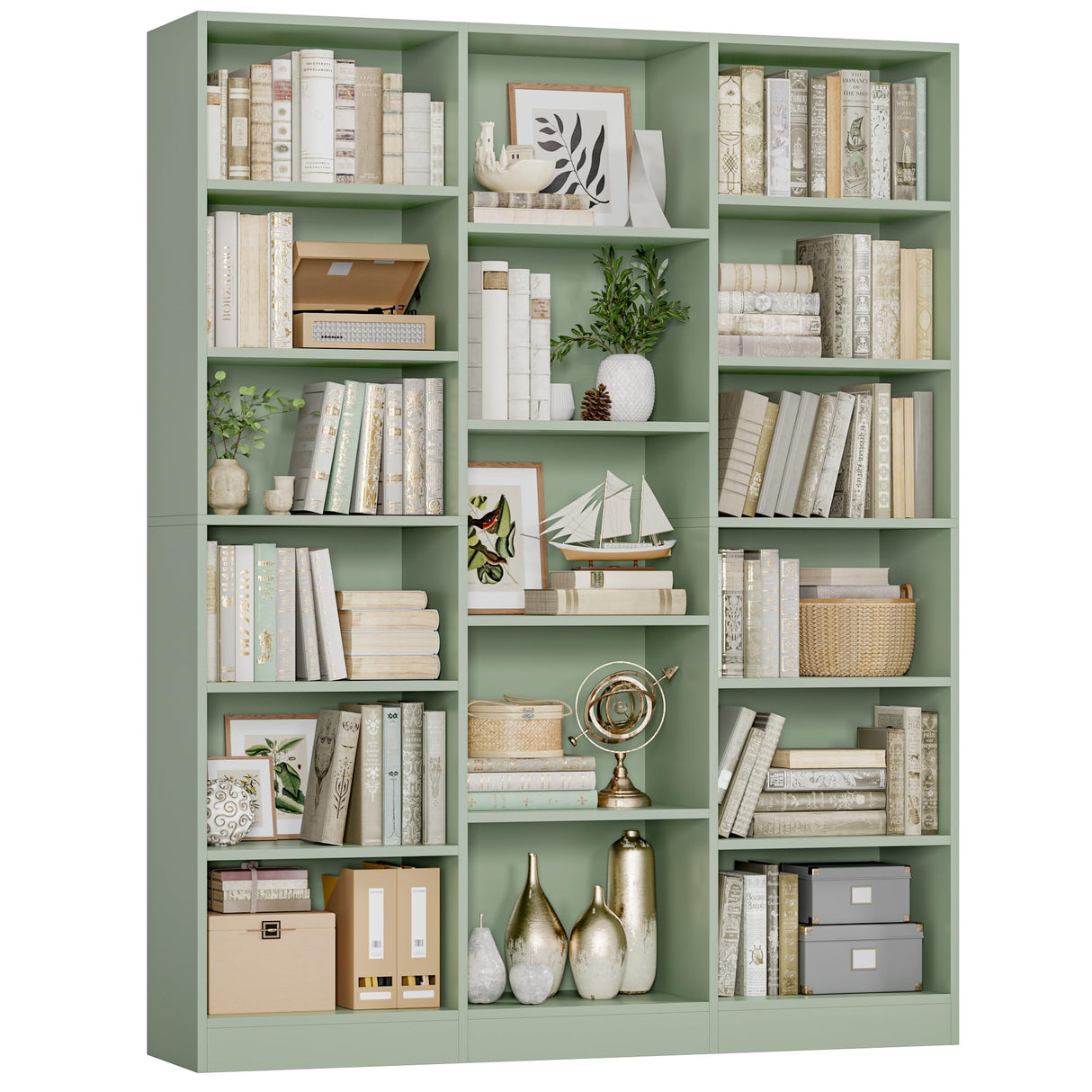 FACBOTALL Triple Wide Bookshelf, 6 Tier Large Bookshelf, Bookcase with 17 Open Display Shelves, 74'' Tall Bookcases and Bookshelves for Living Room, Home Office, Library, Green FACBOTALL