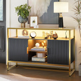 Bestier Coffee Bar Cabinet with Power Outlet, 47" Modern Buffet Cabinet with Storage, Glass Shelves, and LED Light, Fluted Bar Cabinet with Door for Living Room, Bedroom, Classic Black Bestier