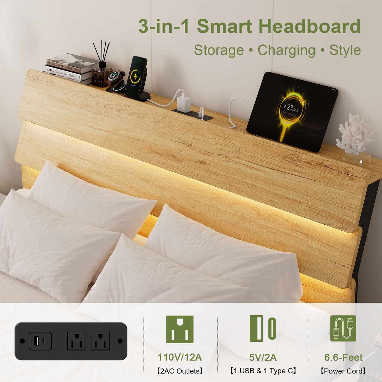 Feonase Floating Bed Frame Queen with Led Lights and Charging Station, Wood Full Size Bed Frame with Storage Headboard, Heavy Duty Metal Slats, No Box Spring Needed, Easy Assembly,Oak Feonase