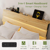 Feonase Floating Bed Frame Queen with Led Lights and Charging Station, Wood Full Size Bed Frame with Storage Headboard, Heavy Duty Metal Slats, No Box Spring Needed, Easy Assembly,Oak Feonase