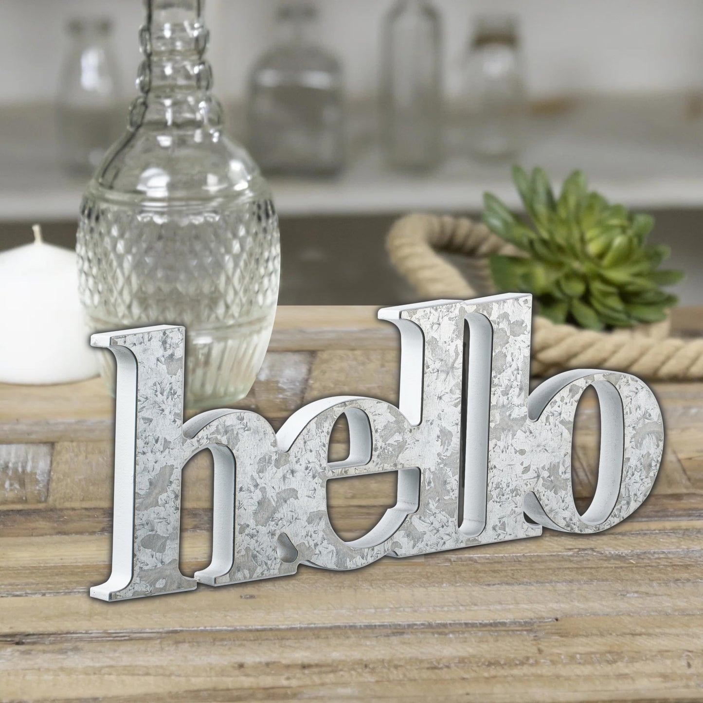 Sintosin Rustic Galvanized Hello Sign for Entryway Table Decor 14 Inches, Hanging Distressed White Welcome Sign for Front Door, Handmade Wooden Hello Winter Sign, Farmhouse Fall Wall Home Dec - WoodArtSupply