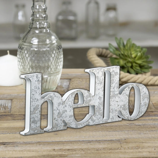 Sintosin Rustic Galvanized Hello Sign for Entryway Table Decor 14 Inches, Hanging Distressed White Welcome Sign for Front Door, Handmade Wooden Hello Winter Sign, Farmhouse Fall Wall Home Dec - WoodArtSupply