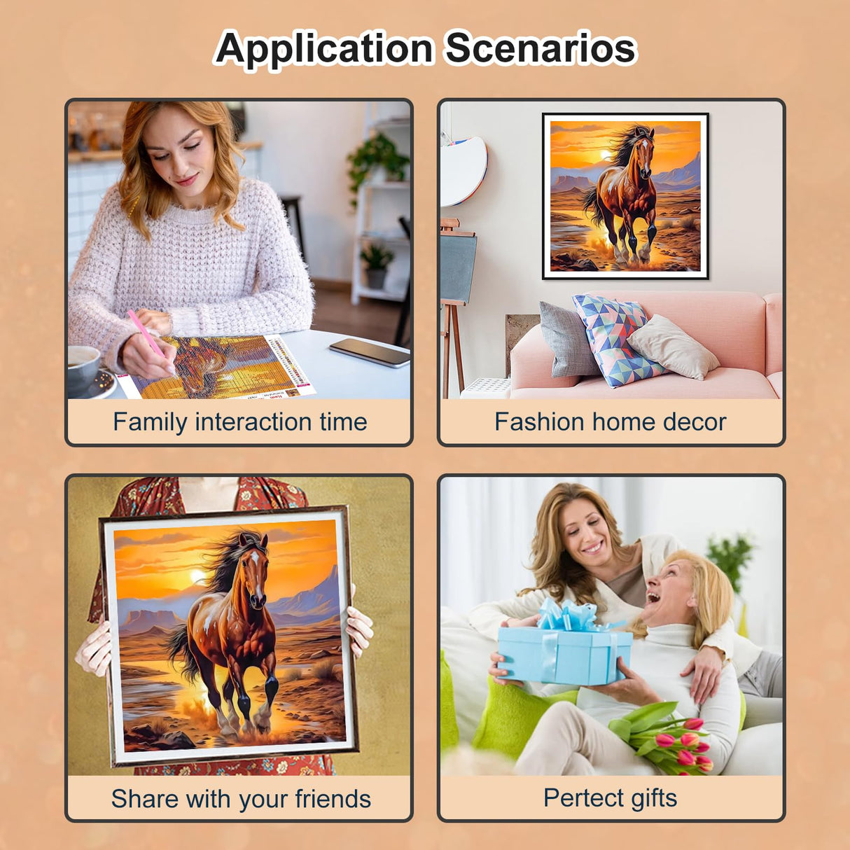 PFFNGPEN Diamond Painting Kits for Adults, 5D DIY Horse Diamond Art Kits for Beginners, Full Drill Round Diamond Art for Home Wall Decor, Animal, 12x12 inch PFFNGPEN